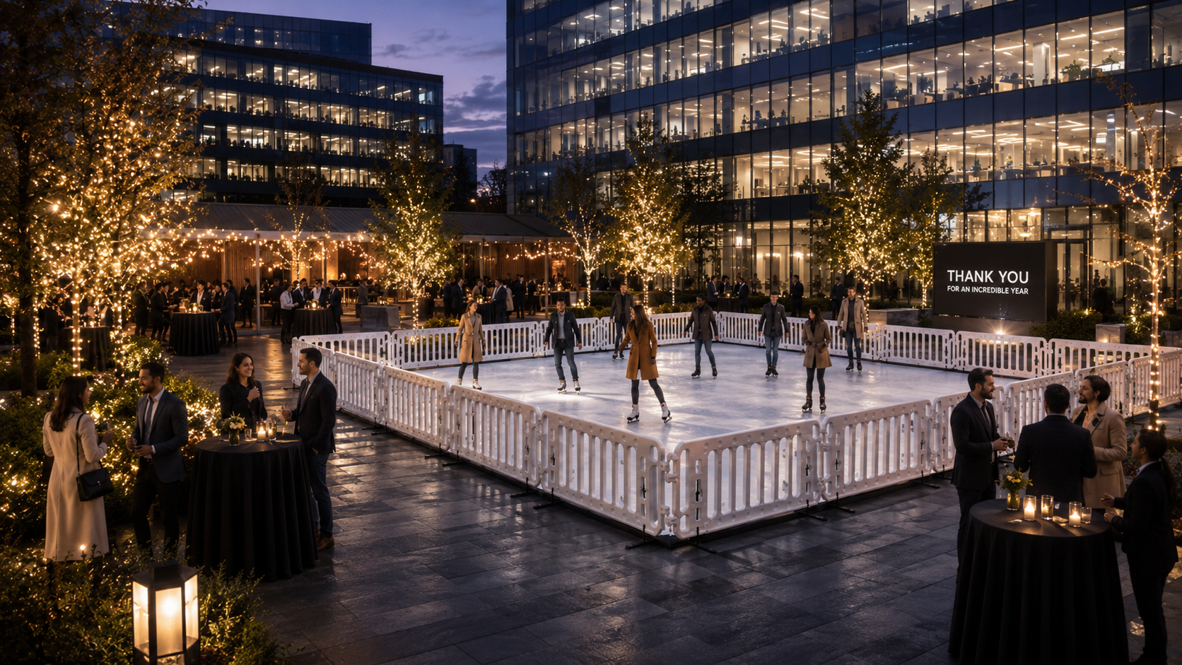 Corporate guests skating and networking around a temporary outdoor ice rink at an evening event