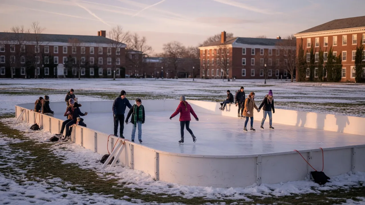 Portable outdoor ice rink on a winter college campus green