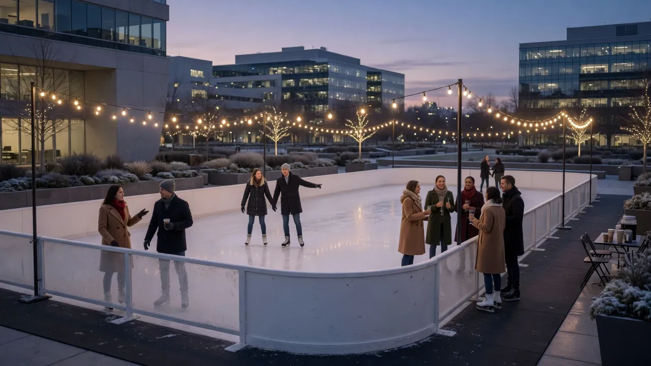 Guests skating at a portable ice rink during a corporate evening event