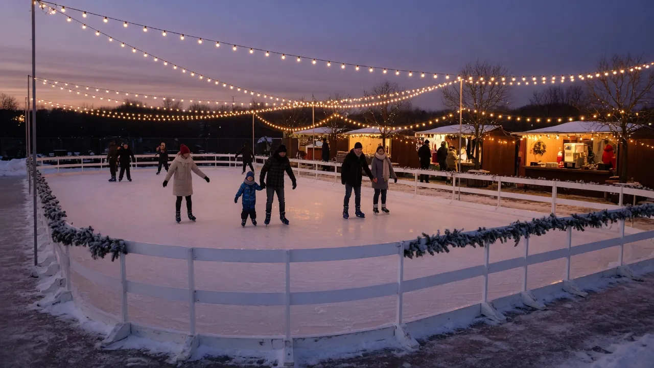Guests skating on a portable outdoor ice rink under string lights at dusk
