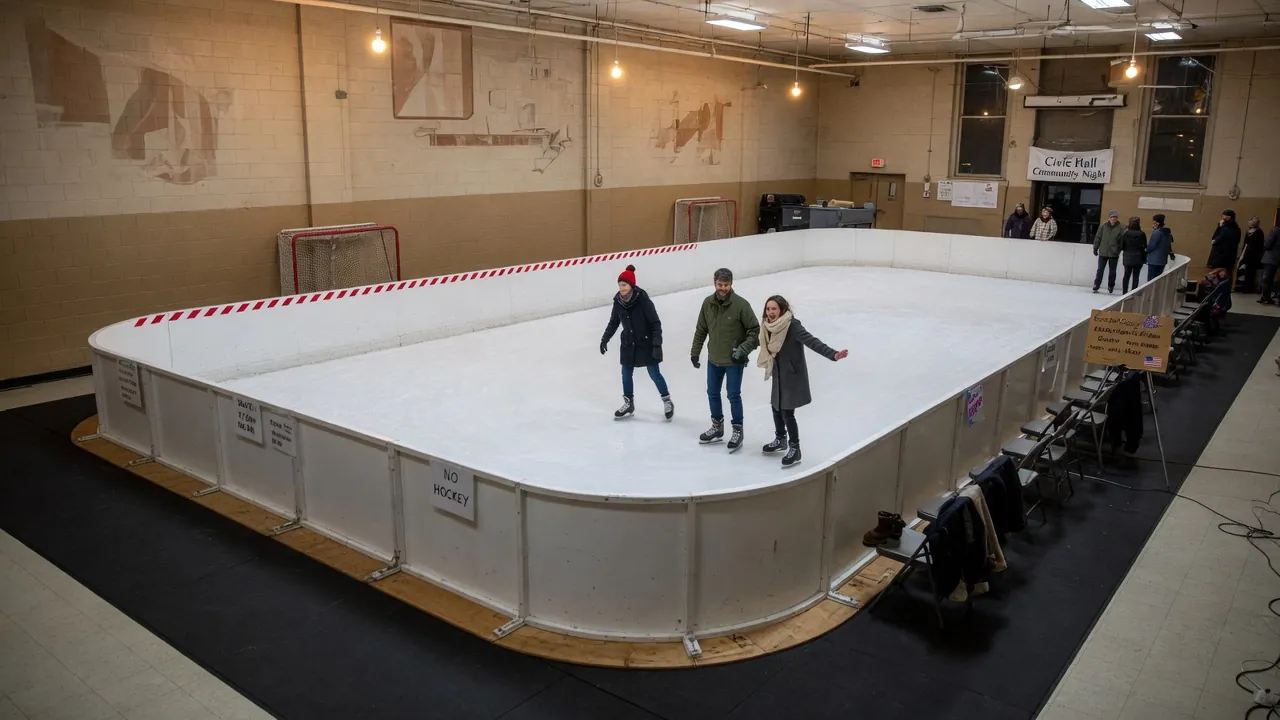 Editorial image of portable rink boards inside an event venue in Frederick, Maryland; not a specific venue.