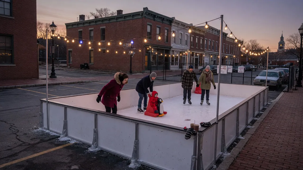 Editorial image illustrating portable ice rink setup planning for Frederick, Maryland; not a specific venue.