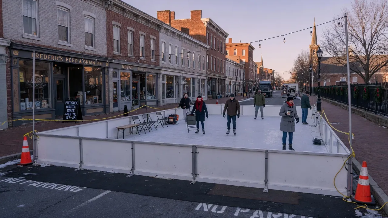 Editorial image of a portable ice rink at an outdoor event in Frederick, Maryland; not a specific venue.