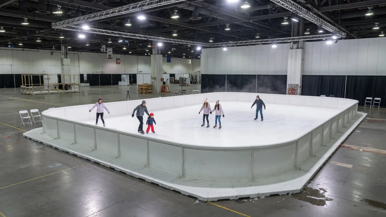 Portable ice rink installed indoors in a large event hall