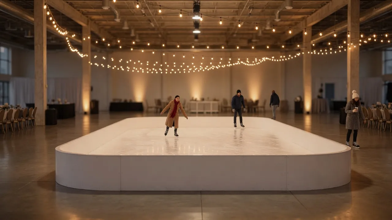 Editorial photo of a compact portable rink in an indoor New Jersey event hall; not a specific venue