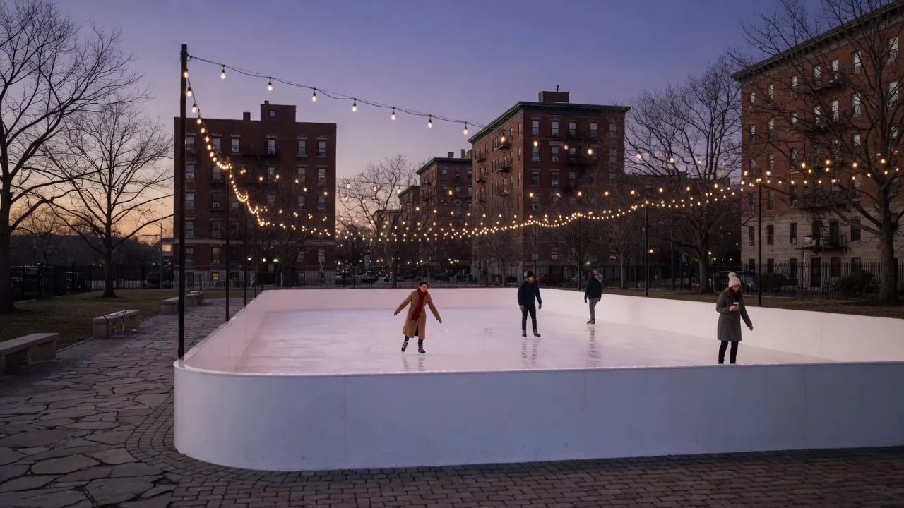 Editorial photo of a portable ice rink on a winter New Jersey plaza; not a specific venue