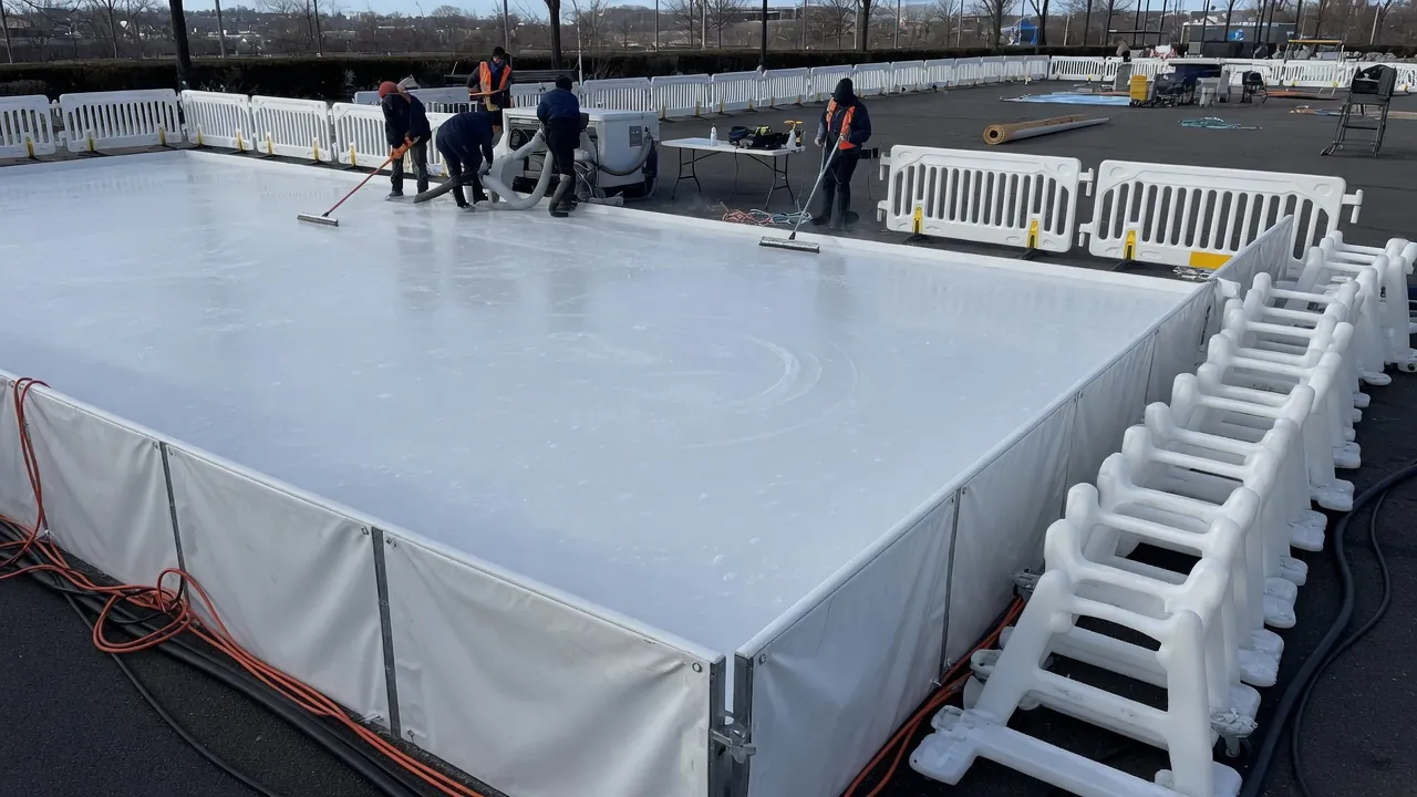 Portable ice rink with white safety barriers being prepared before an event