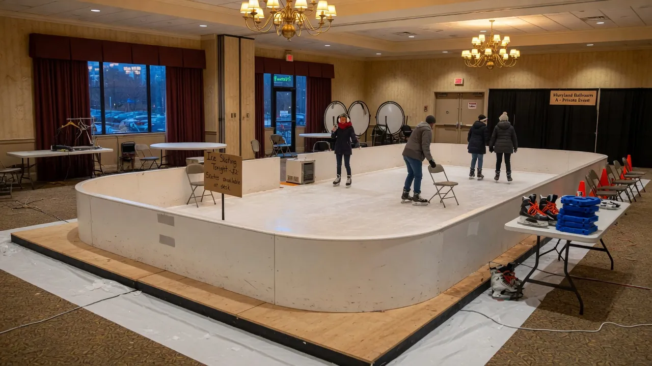 Editorial image of portable rink boards inside an event venue in Rockville, Maryland; not a specific venue.
