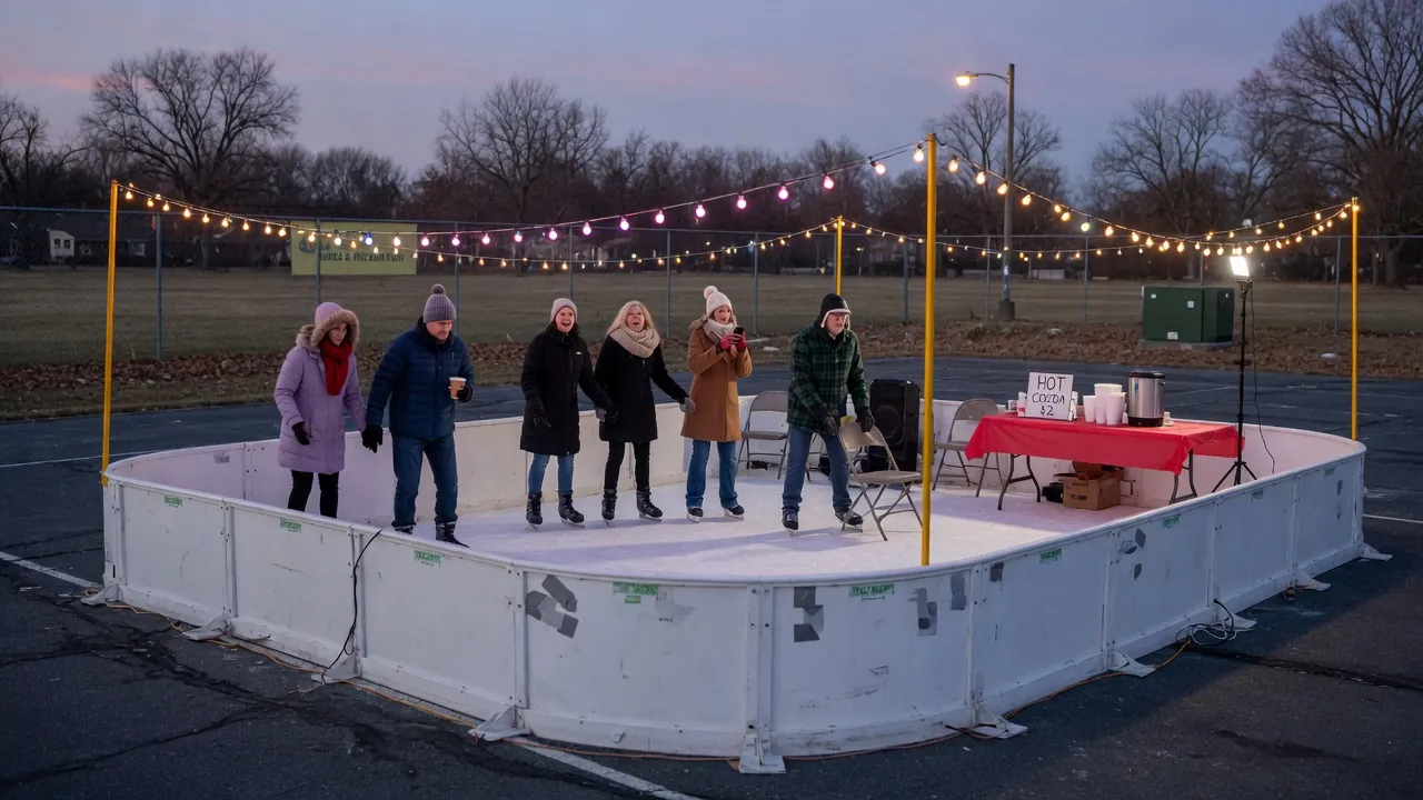 Editorial image illustrating portable ice rink setup planning for Rockville, Maryland; not a specific venue.