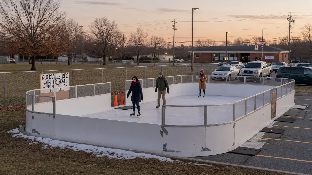 Editorial image of a portable ice rink at an outdoor event in Rockville, Maryland; not a specific venue.