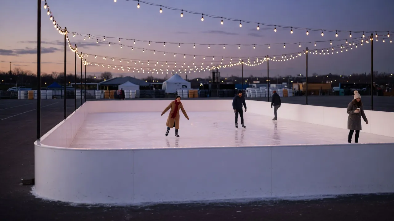 Editorial photo of a portable outdoor ice rink under string lights; not a specific venue