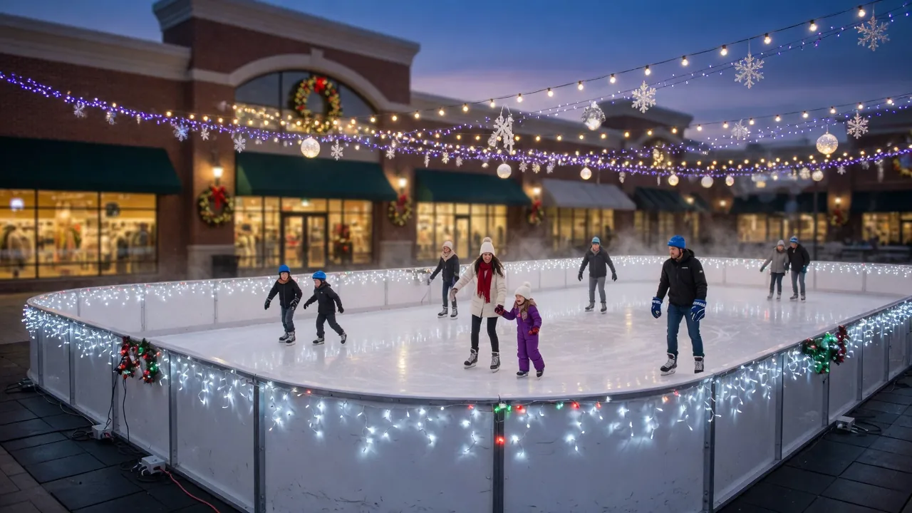 Families skating on a portable ice rink at an outdoor shopping center