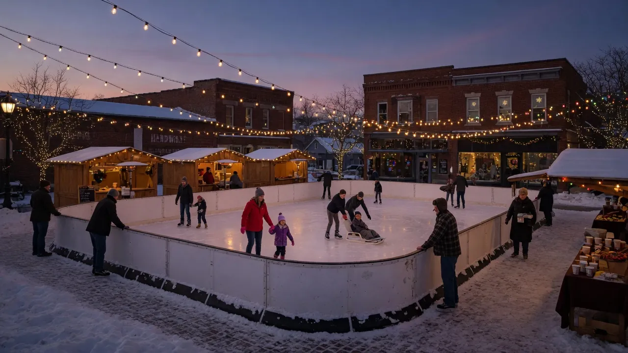Portable ice rink in a winter town-square market with holiday lights