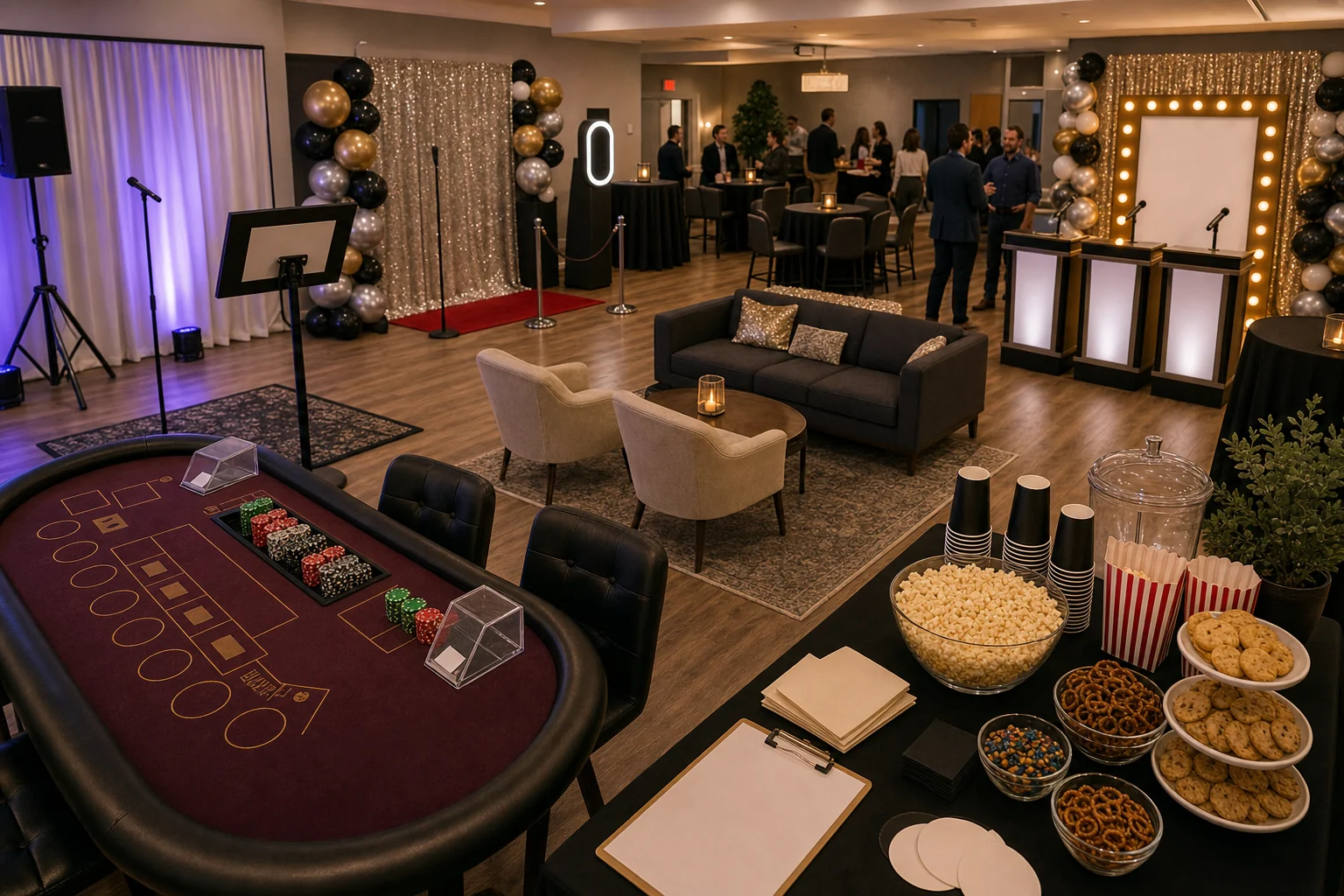 For event planning, adult birthday layout with casino table, karaoke station, photo booth, game show area, snack table, seating, and walking paths