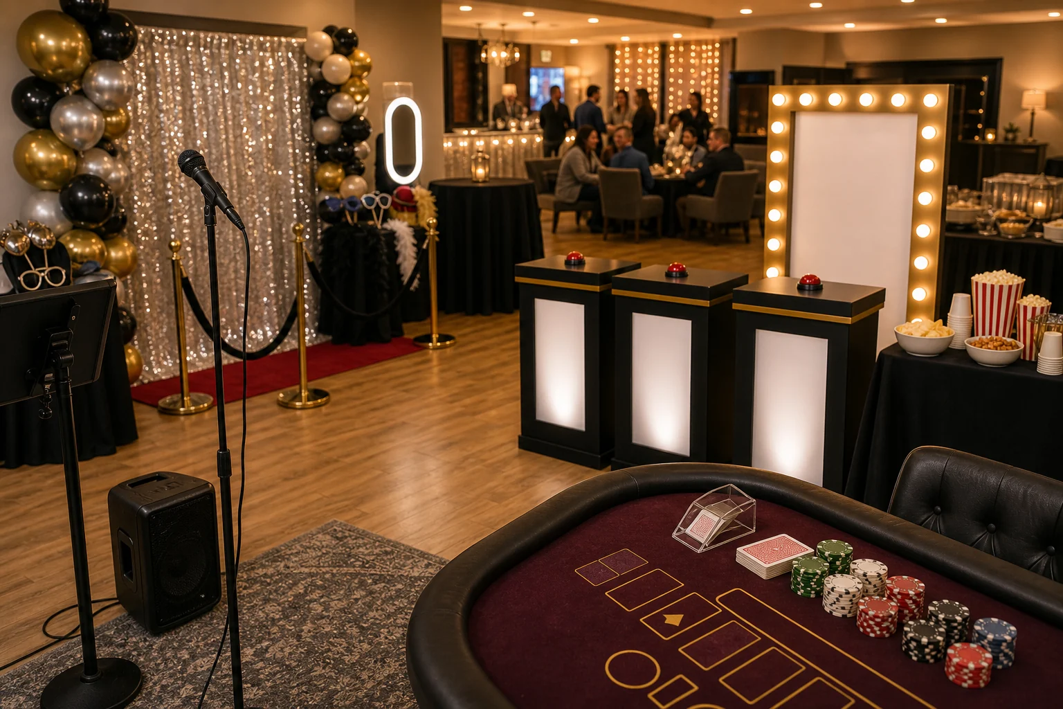 For event planning, adult birthday feature with karaoke microphone, game show station, photo booth backdrop, casino table, props, and snack cups