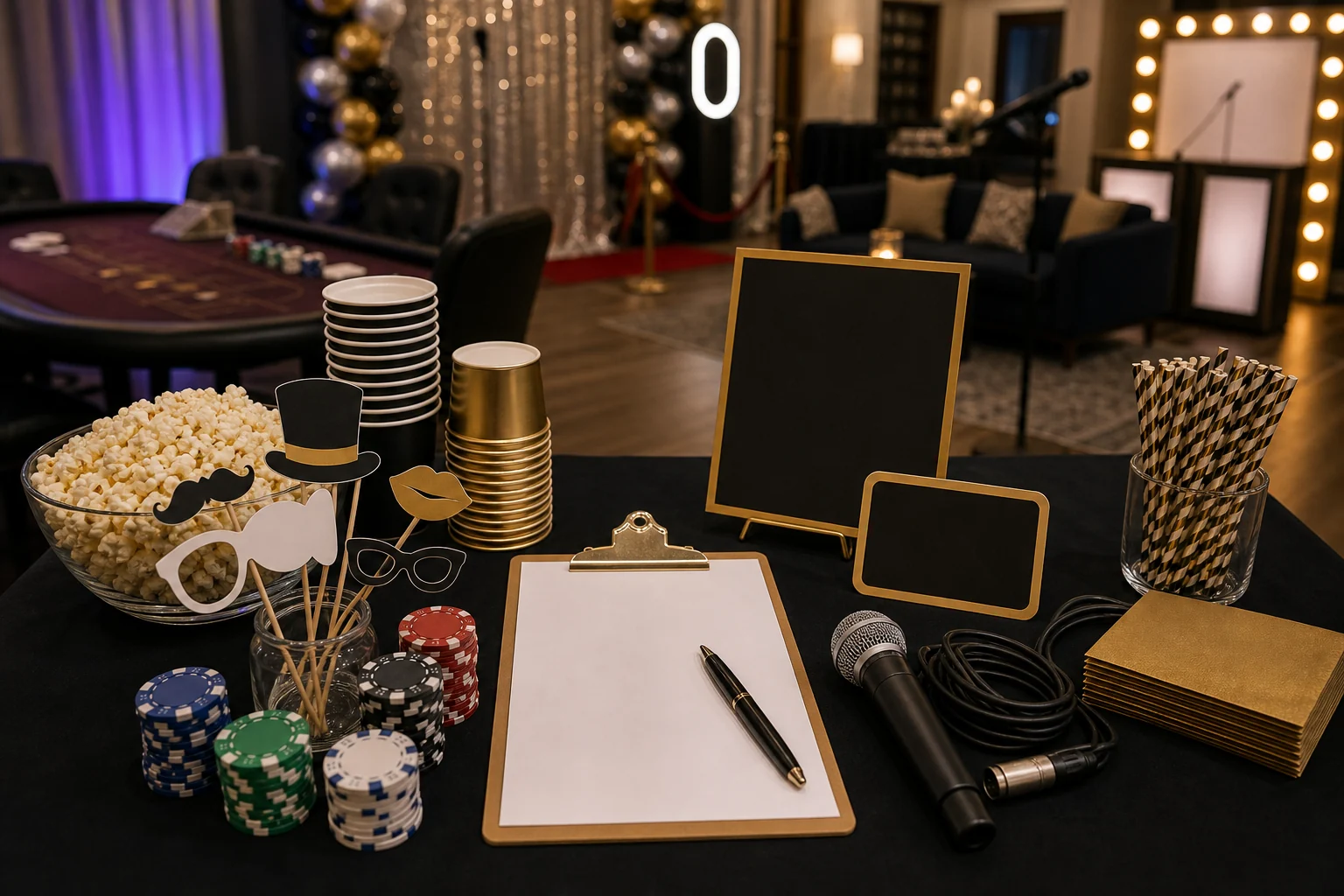 From a host’s point of view, adult birthday supplies with blank props, unmarked chips, microphone, plain cups, snack bowl, blank clipboard, and pen