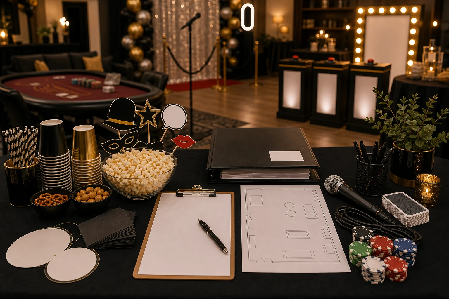 From a host’s point of view, adult birthday quote planning materials with blank checklist, room layout sketch, microphone, unmarked chips, blank props, folder, and pen