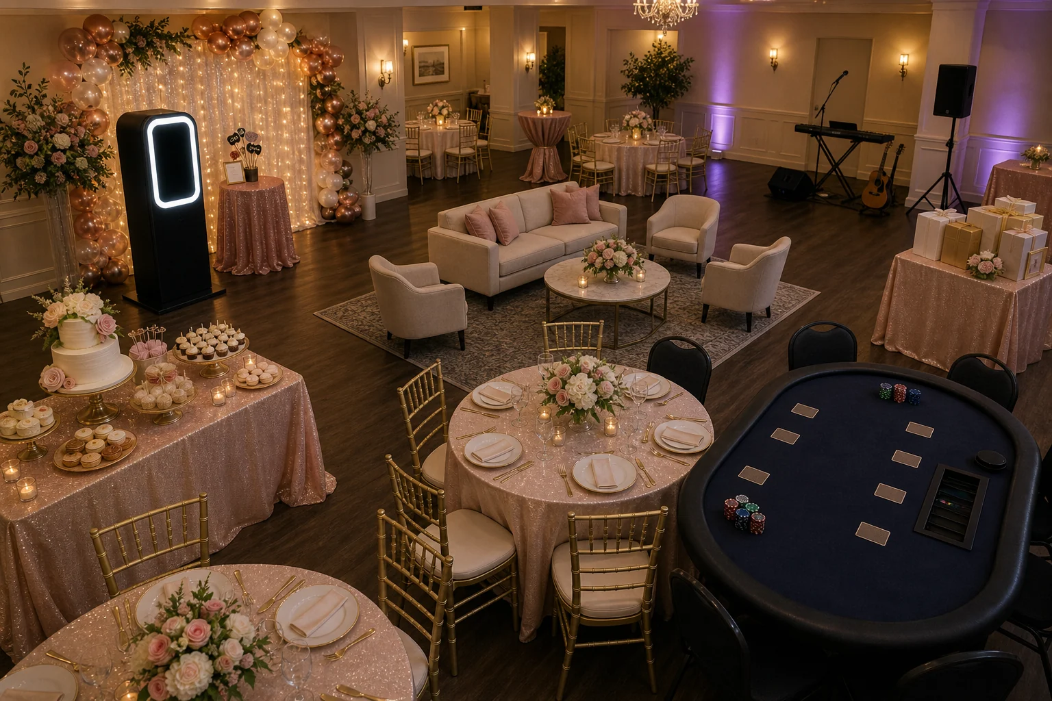 In practical terms, anniversary party layout with photo booth, dessert station, elegant seating, lounge game table, live entertainment corner, memory table, and walking paths