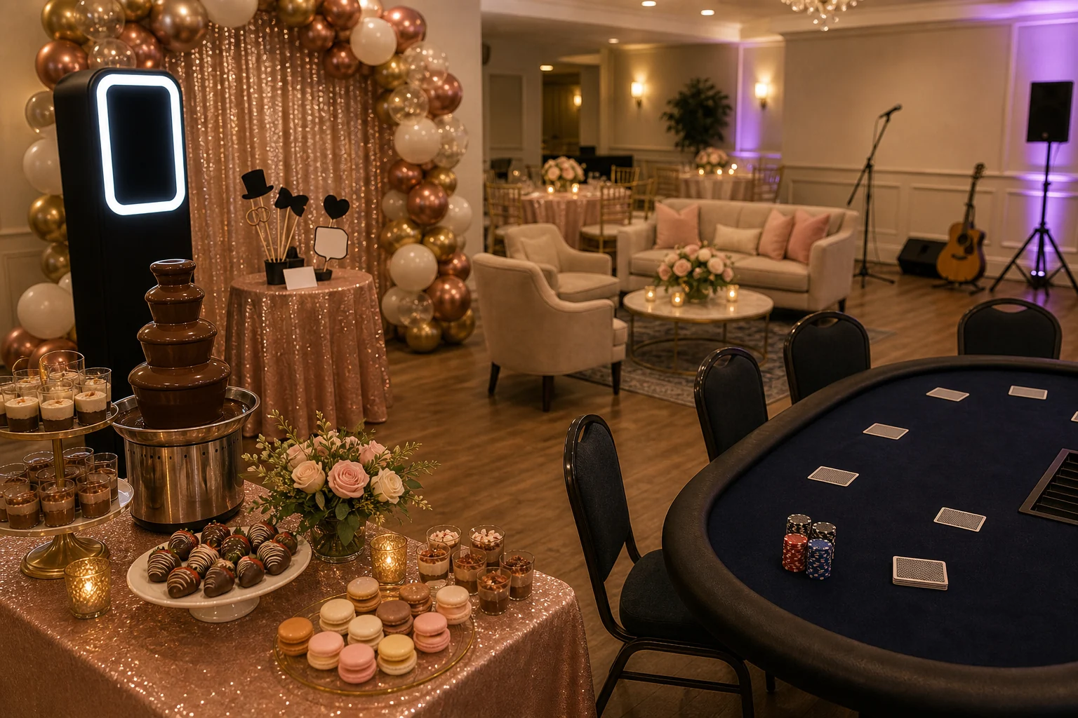 From a host’s point of view, anniversary party feature with photo booth backdrop, dessert display, lounge game table, microphone, floral accents, and seating