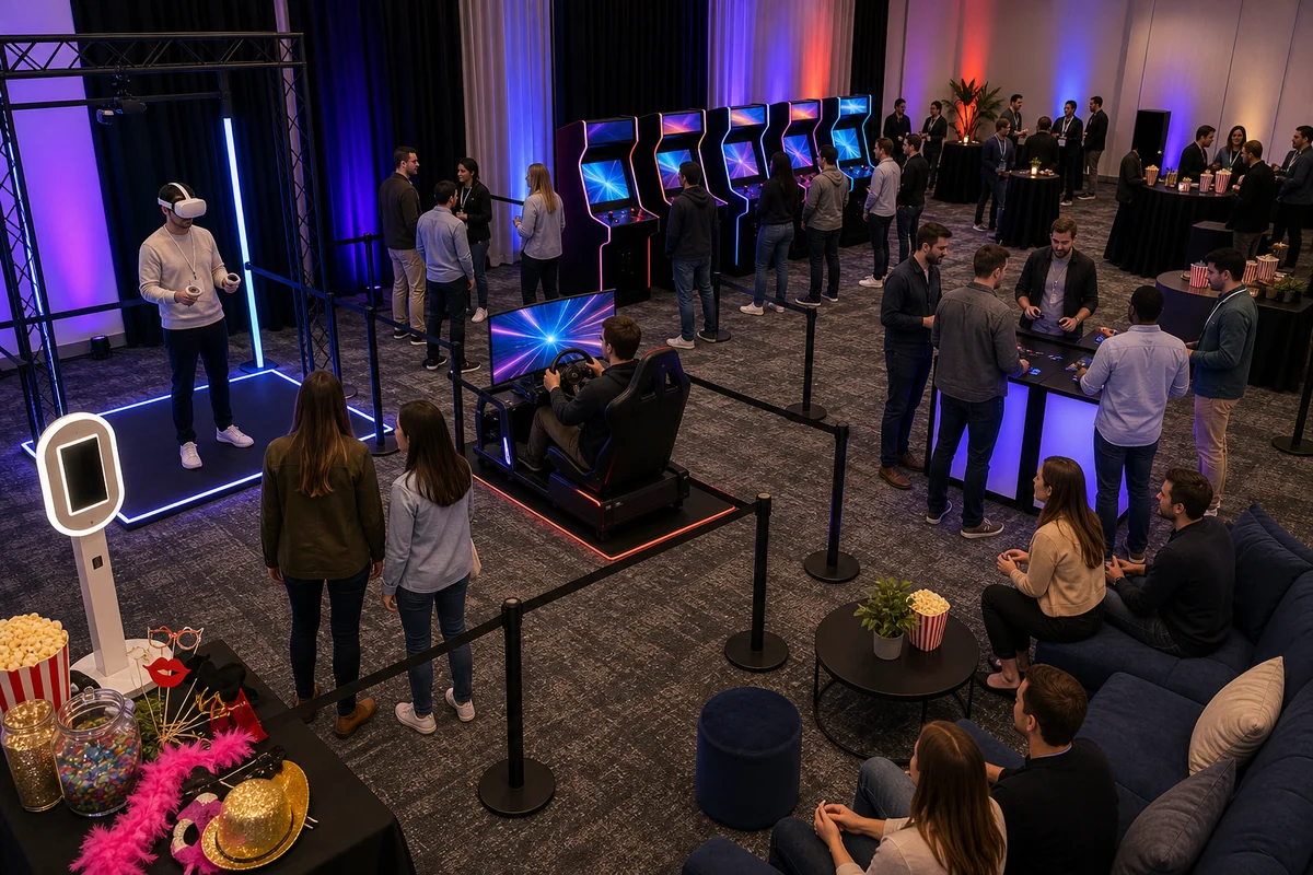 From a host’s point of view, arcade and VR event layout with VR station, racing simulator, arcade cabinets, queue lanes, spectator seating, and snack area