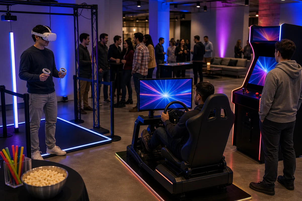 For event planning, arcade and VR rental feature with VR headset station, racing simulator, and abstract game screens