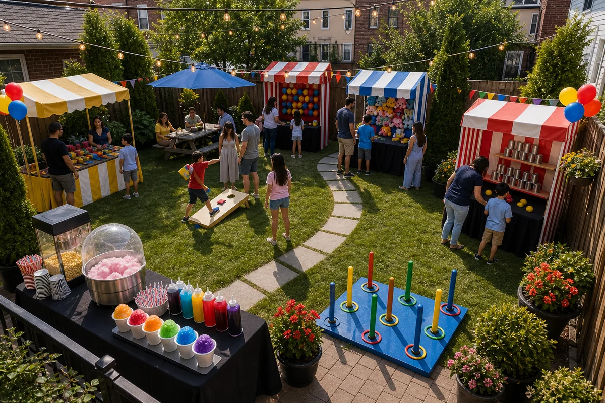 From a host’s point of view, compact backyard carnival layout with booth games, concessions, prizes, seating, and walking path