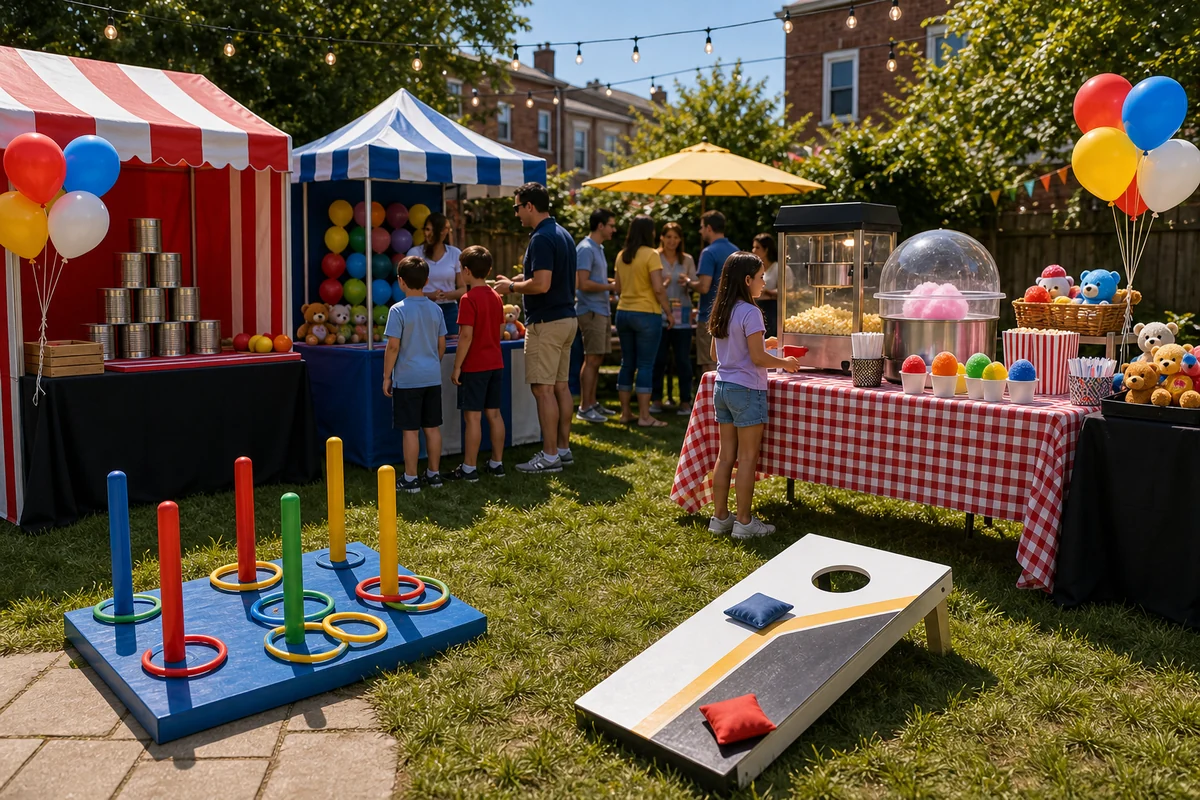 In practical terms, backyard carnival games with ring toss, can smash, bean bag toss, and concession table