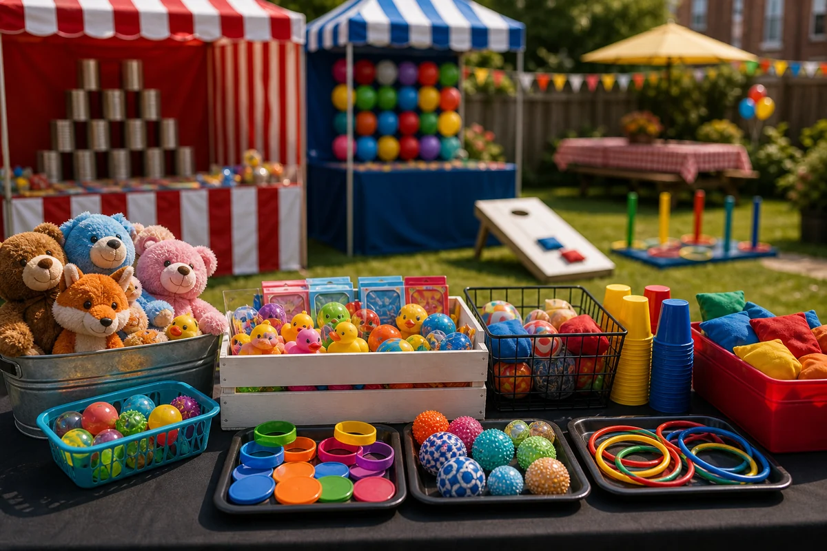 For event planning, backyard carnival prize station with toys, blank tokens, rings, bean bags, and colorful trays