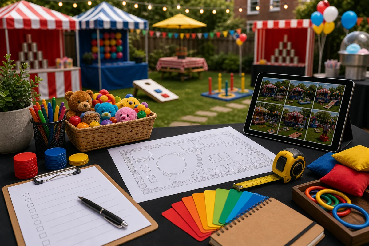 For event planning, backyard carnival rental quote checklist with layout sketch, game tokens, and planning materials