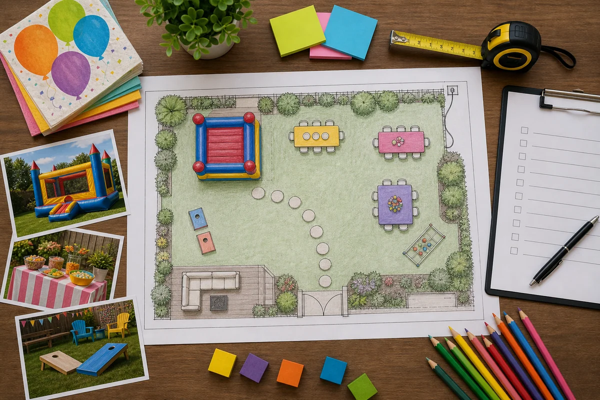 From a host’s point of view, backyard birthday party rental layout planning with bounce house and snack zones