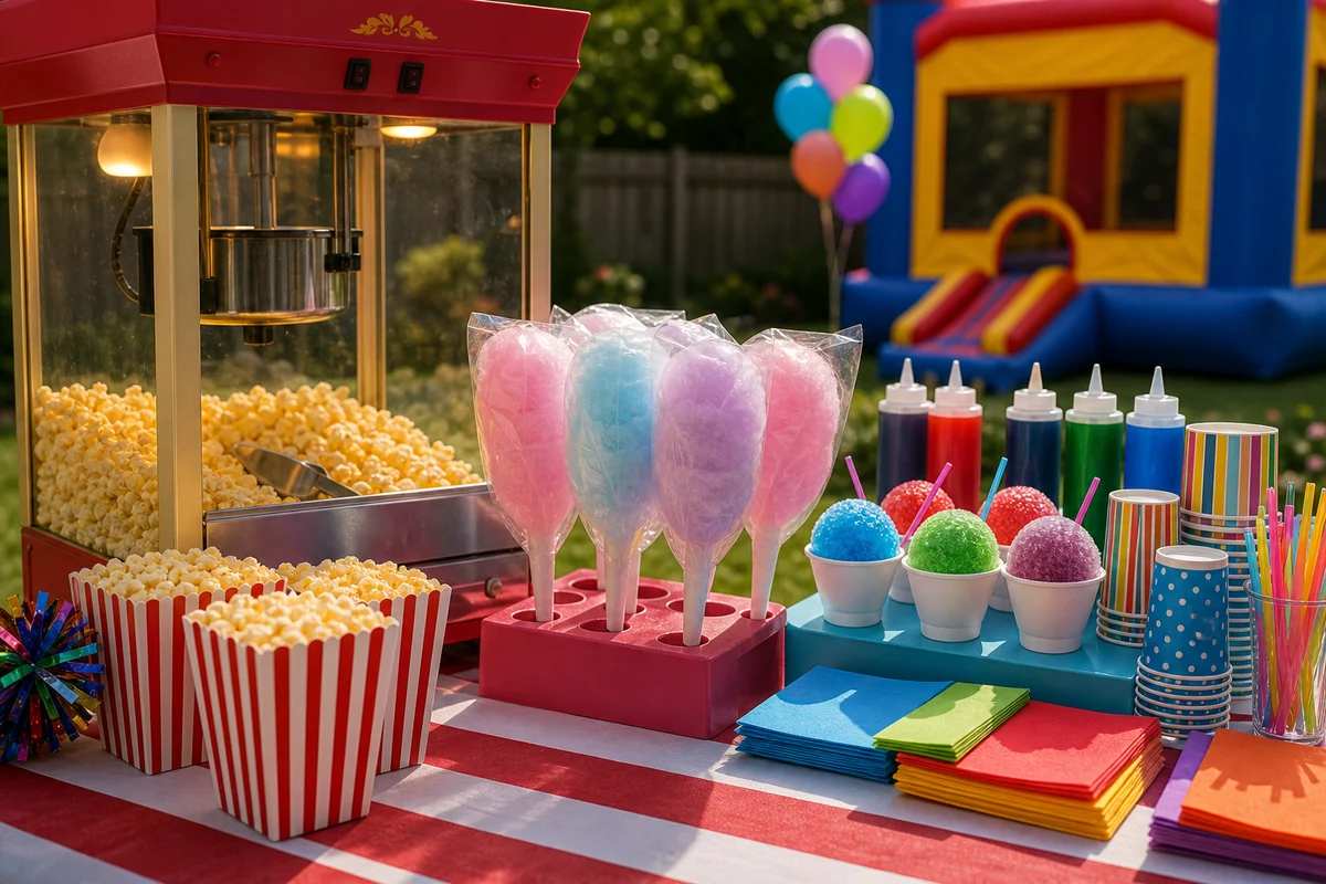 For event planning, birthday party concession station with popcorn, cotton candy, and snow cones