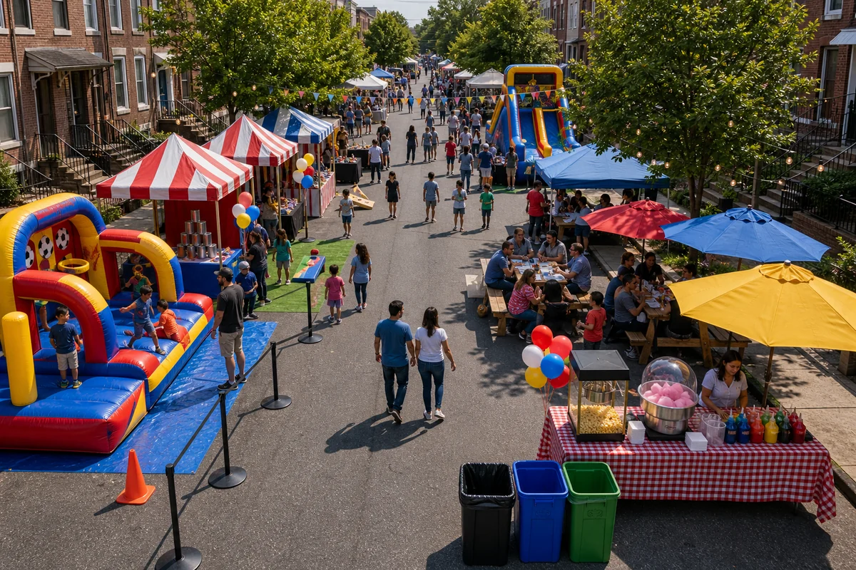 From a host’s point of view, philadelphia block party layout with inflatable games, carnival booths, concessions, seating, and walking lanes