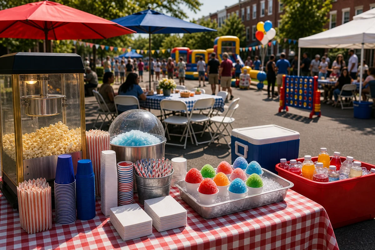 From a host’s point of view, block party concession table and shaded seating detail with games in the background