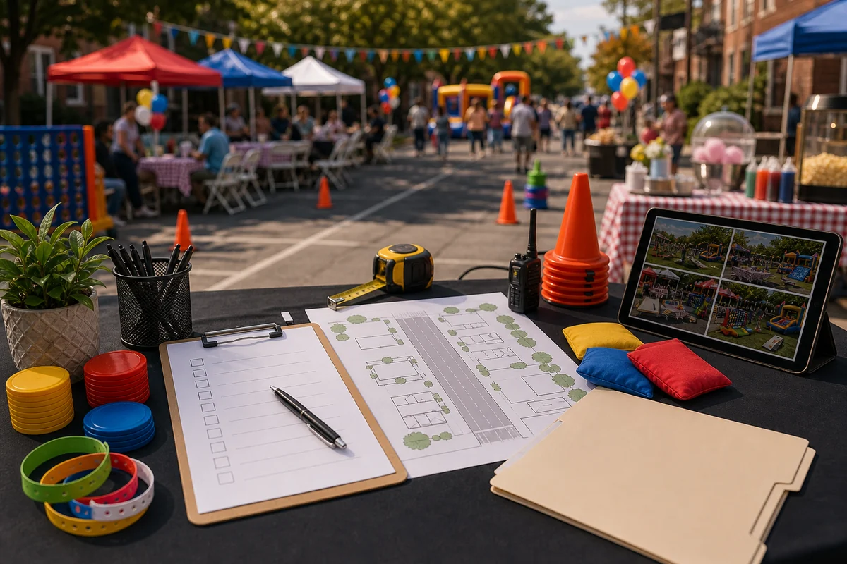 For event planning, block party rental quote checklist with street layout sketch and planning materials