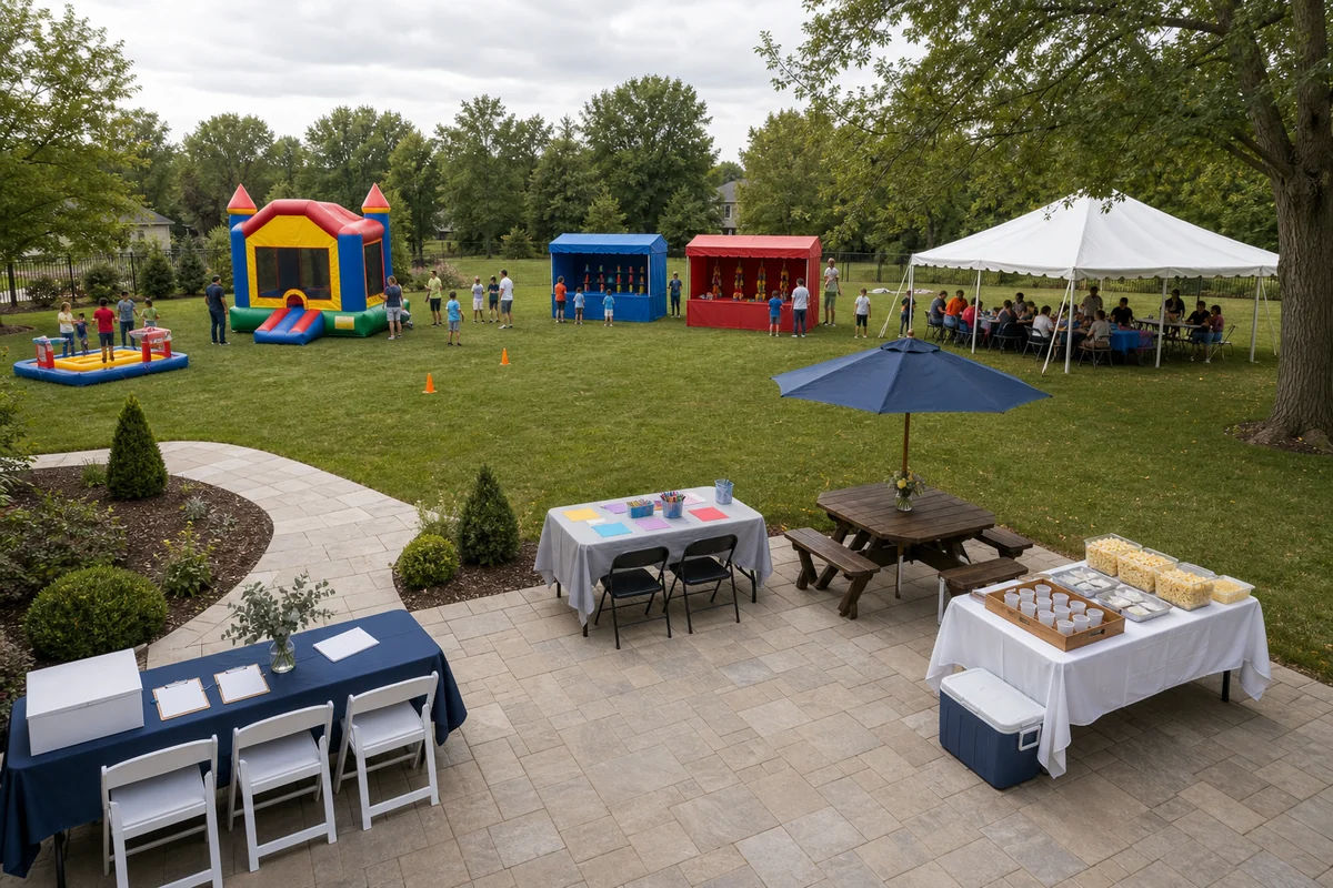 For event planning, bucks County party rental layout with bounce zone, carnival booths, snack table, craft station, shaded seating, and clear walking paths