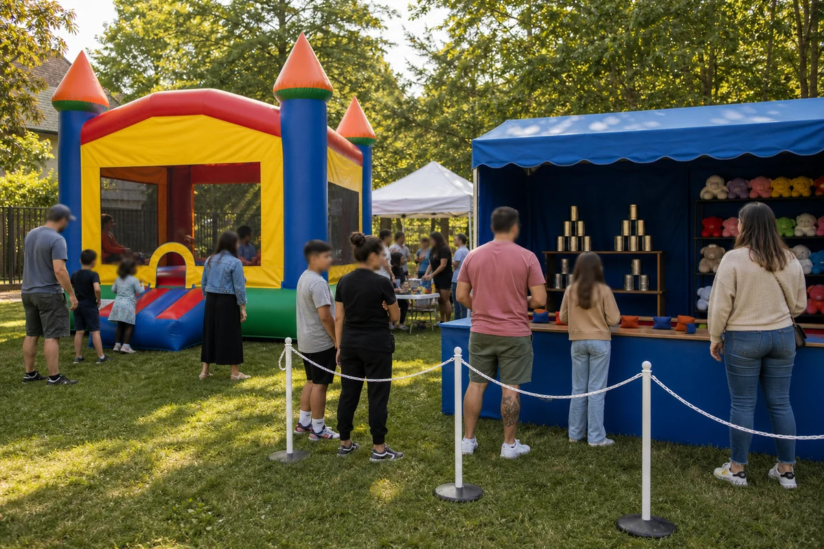 In practical terms, bucks County event feature with bounce house, carnival game booth, prize area, and simple queue space
