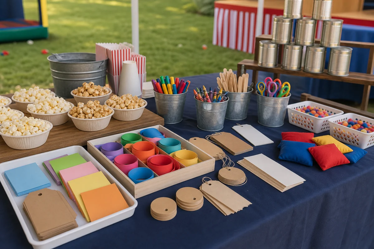 For event planning, bucks County party detail with concession bowls, craft supplies, blank activity cards, wristbands, and carnival game pieces