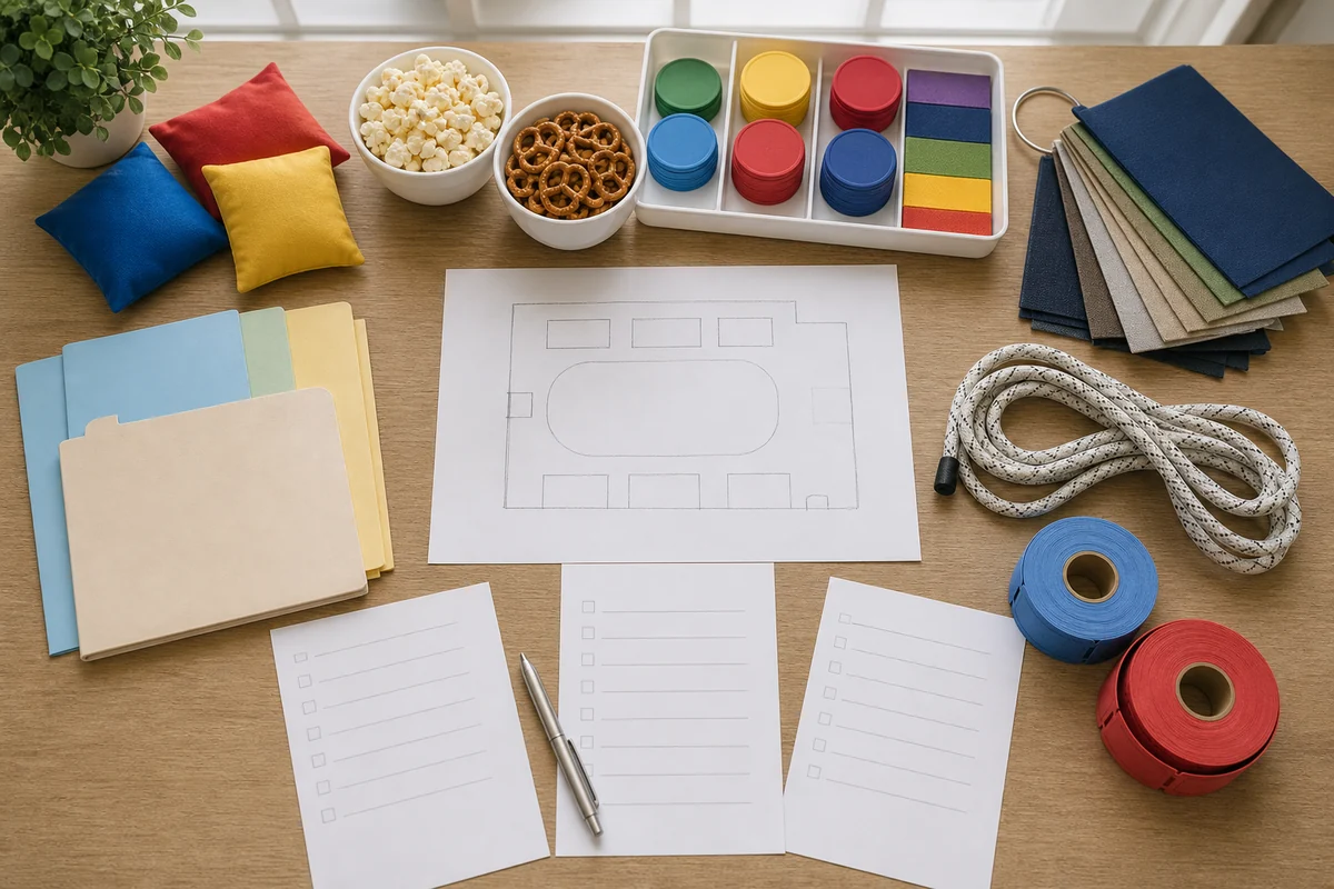 For event planning, bucks County party rental quote planning materials with blank layout sketch, event folders, beanbags, craft supplies, and planning tools