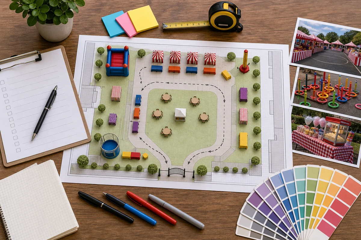 From a host’s point of view, carnival midway layout planning with booth rows and concession zones