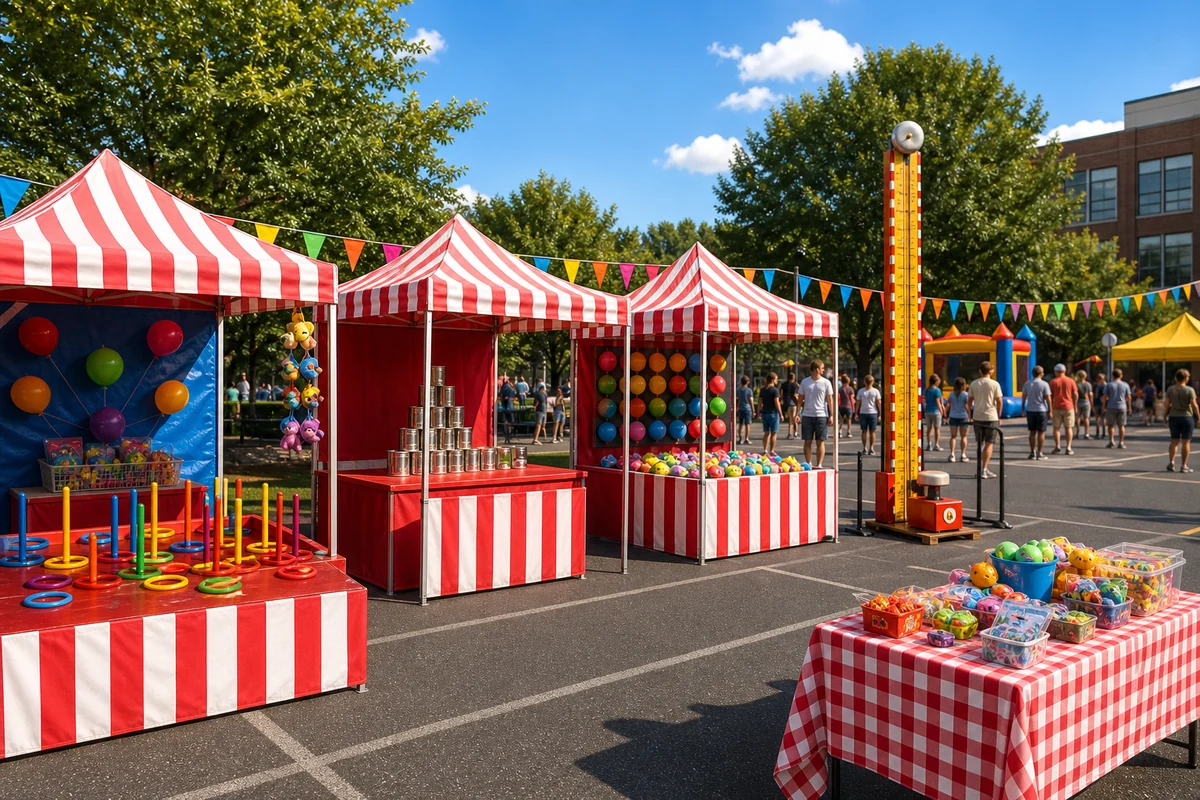 From a host’s point of view, carnival game rental midway with ring toss, can smash, high striker, and prize table