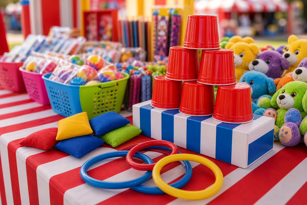 In practical terms, fast-turn carnival game detail with rings, cups, bean bags, and prizes