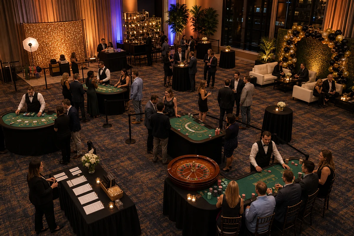 From a host’s point of view, casino party rental layout with casino tables, photo booth, lounge seating, and walking lanes