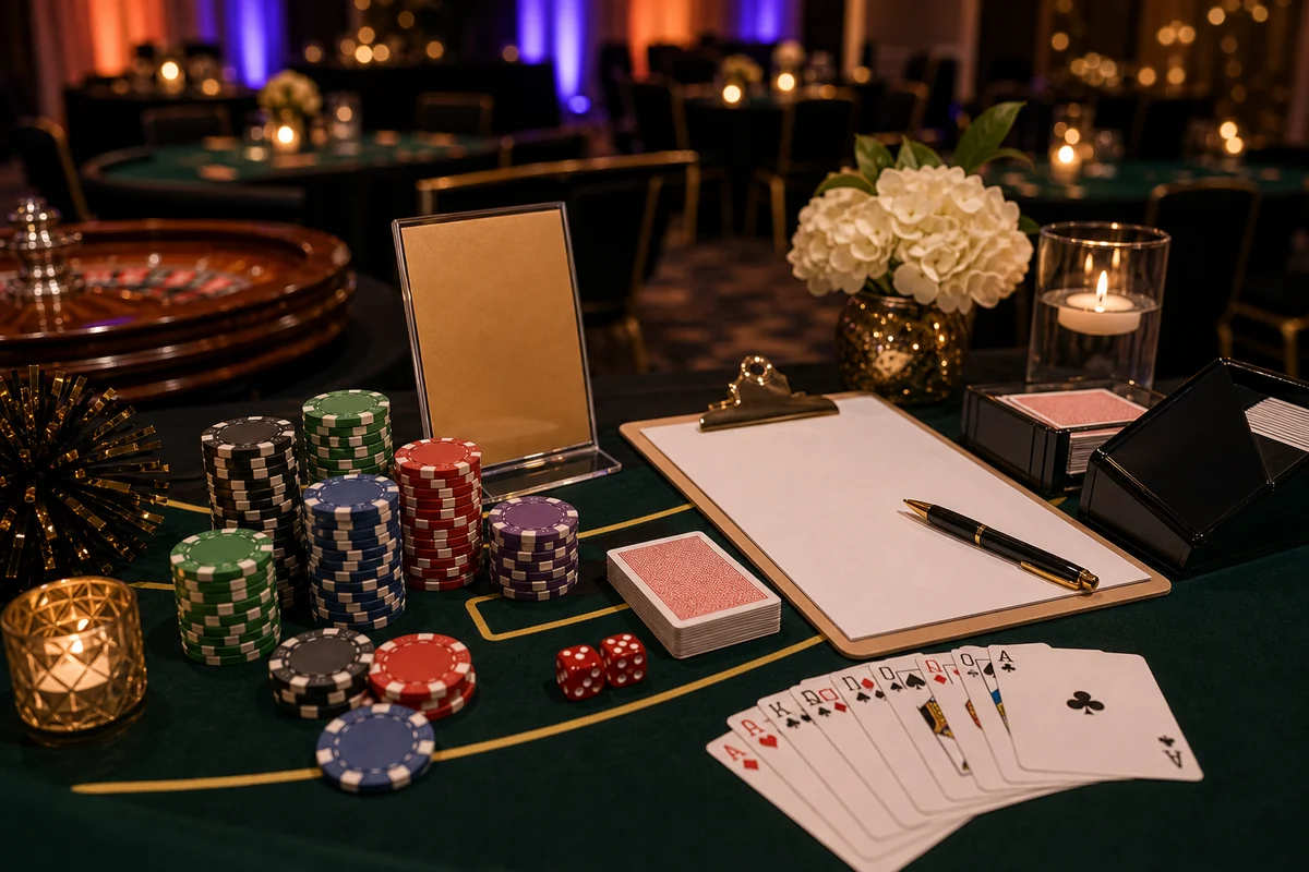 From a host’s point of view, casino party chips, cards, blank planning materials, and event table detail