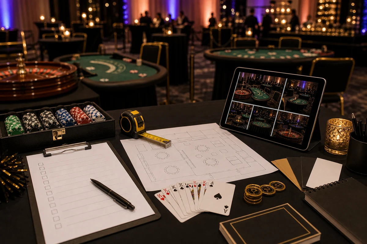 From a host’s point of view, casino party rental quote checklist with room layout, chips, cards, and planning materials