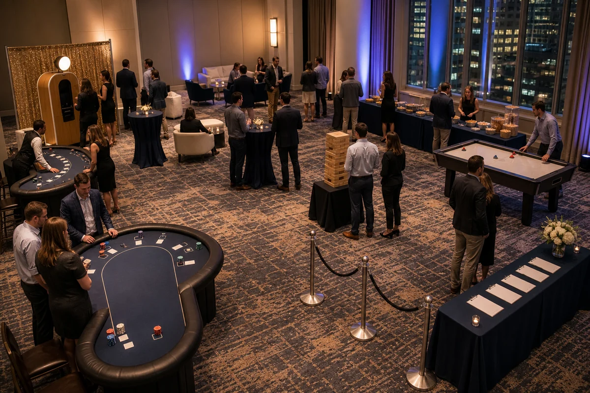 From a host’s point of view, center City event rental layout with casino lounge, photo booth corner, interactive game station, registration table, cocktail seating, and walking paths
