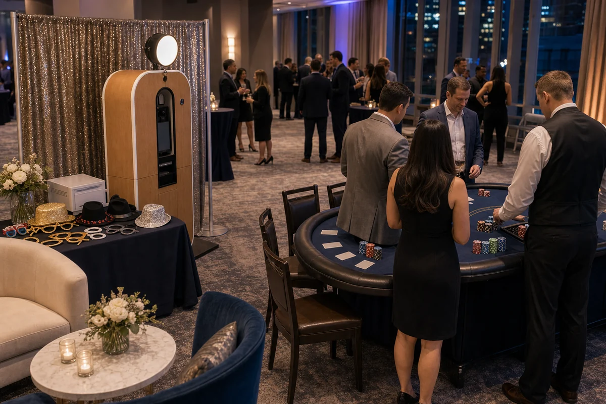 From a host’s point of view, center City event feature with photo booth, blank casino-style table, unmarked chips, props, and polished event lighting