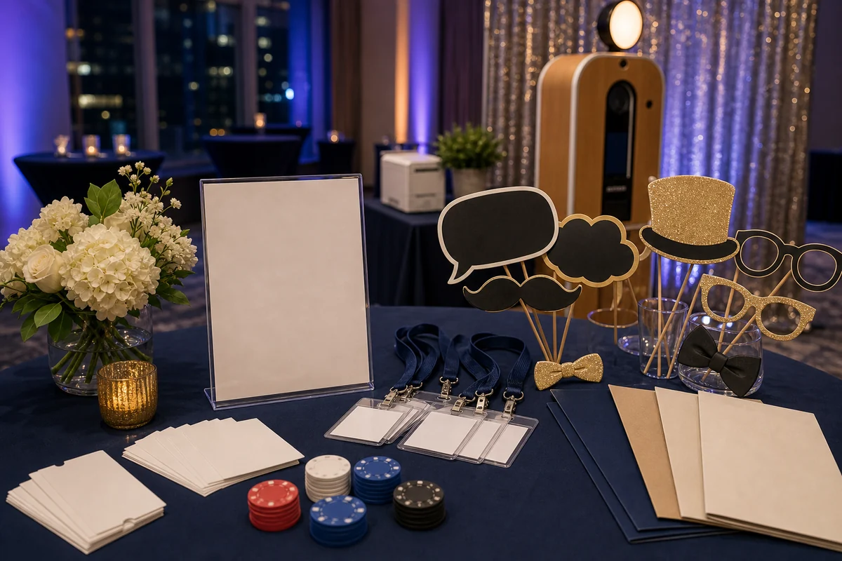From a host’s point of view, center City activation detail with blank signage, photo booth props, blank cards, unmarked chips, folders, and polished event materials