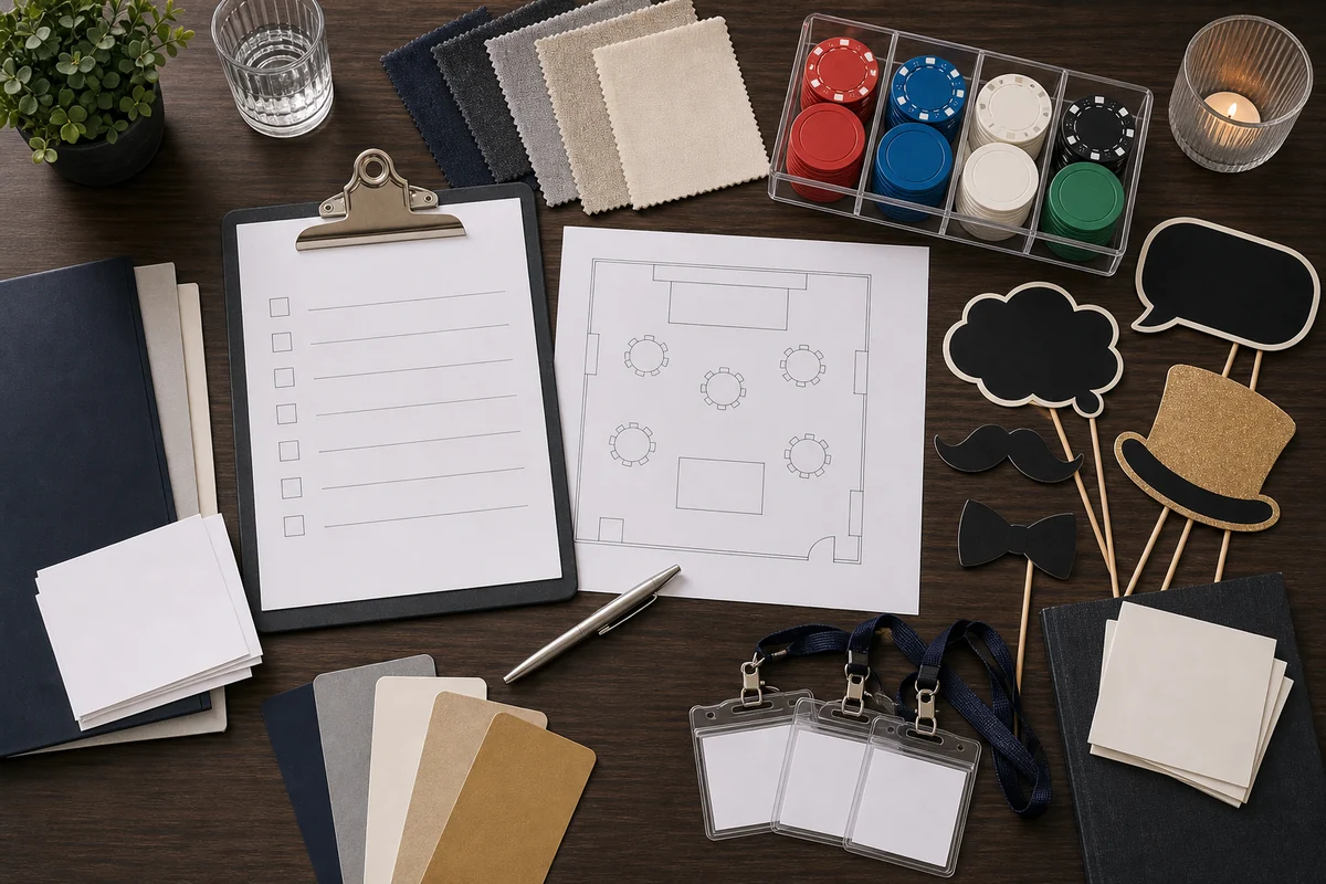 In practical terms, center City event rental quote planning materials with blank checklist, ballroom layout sketch, activation props, folders, and unmarked chips