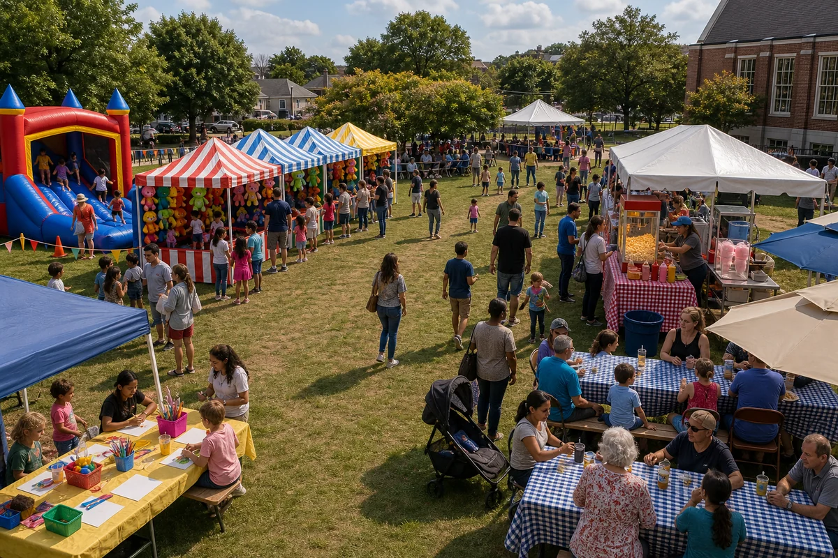 For event planning, church and community event layout with kids zone, carnival games, concessions, crafts, seating, and walking lanes