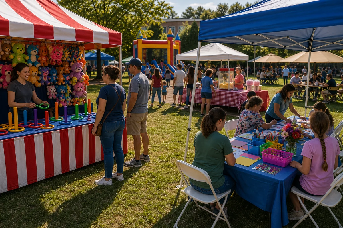 In practical terms, community event carnival booth and craft station with families participating from a wider distance